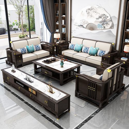 新中式全实木沙发客厅组合大小户型转角贵妃沙发冬夏两用客厅家具